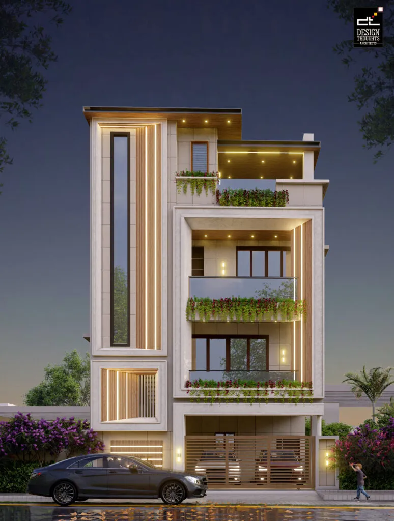 Modern Triplex house design with LED lights