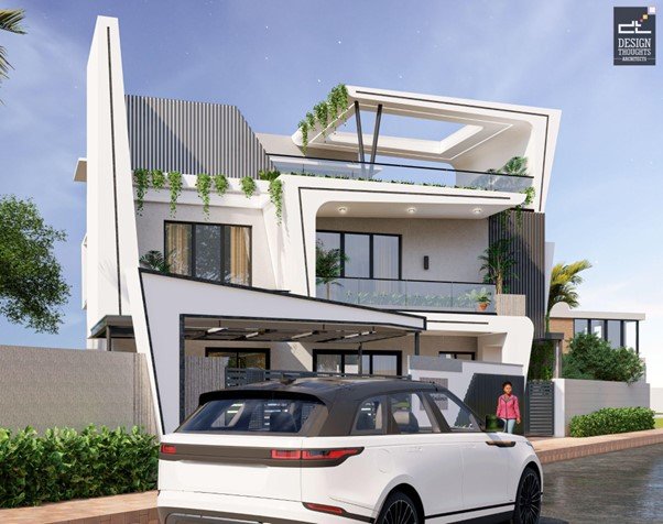 Contemporary elevation featuring angled projections