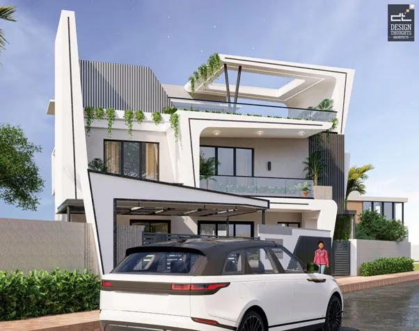 Contemporary elevation featuring angled projections
