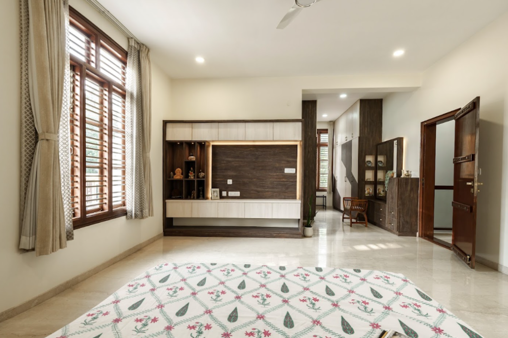 White and beige interior walls with brown accents