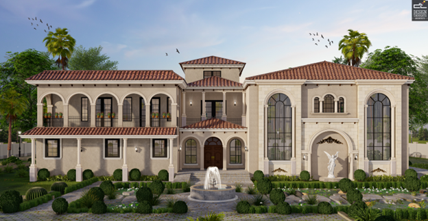 East-facing House Vaastu Plan designed with classical elements, balanced symmetry, landscaped forecourt, and a central water feature.