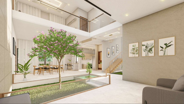 East-facing House Vaastu Plan featuring an internal courtyard that enhances natural light, ventilation, and spatial openness.