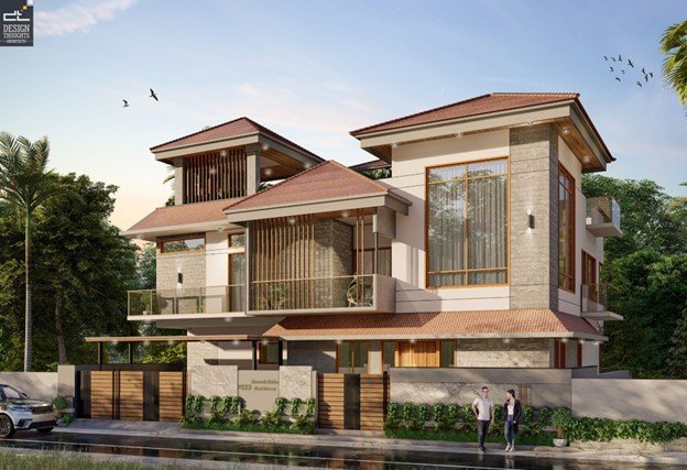 East-facing House Vaastu Plan illustrated through a modern elevation with sloped roofs, stone textures, wooden screens, and shaded balconies.