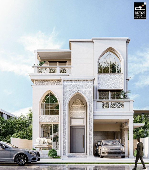 East-facing House Vaastu Plan showcasing a grand elevation with symmetrical façade details, arched openings, and balanced entrance placement.