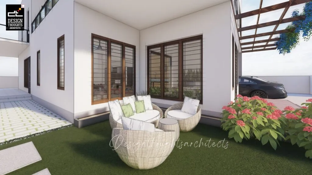 Villa with a sloped roof Traditional House Design front courtyard