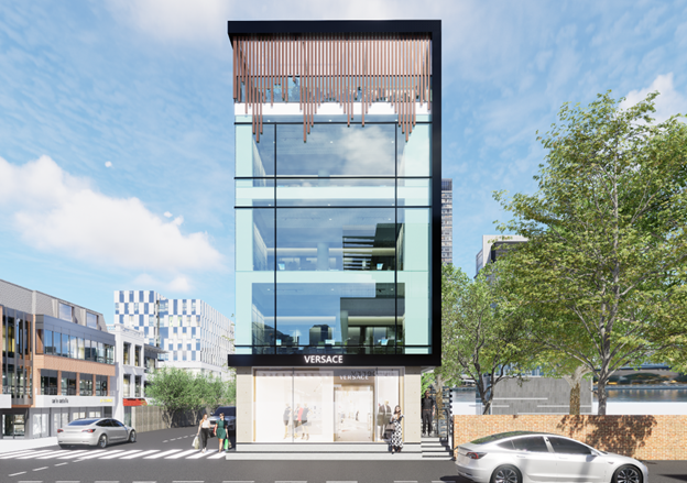 commercial building design second proposal with wooden louvres that cover the semi-open spaces also