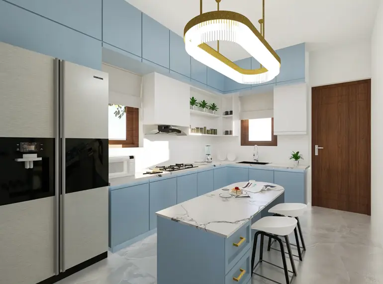 Irregular plot area of modern residential villa Kitchen area in powder blue