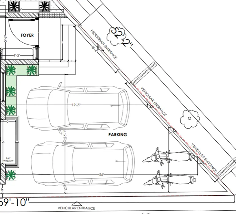 Irregular plot blueprint of Two vehicular entrances and a pedestrian entry into the home