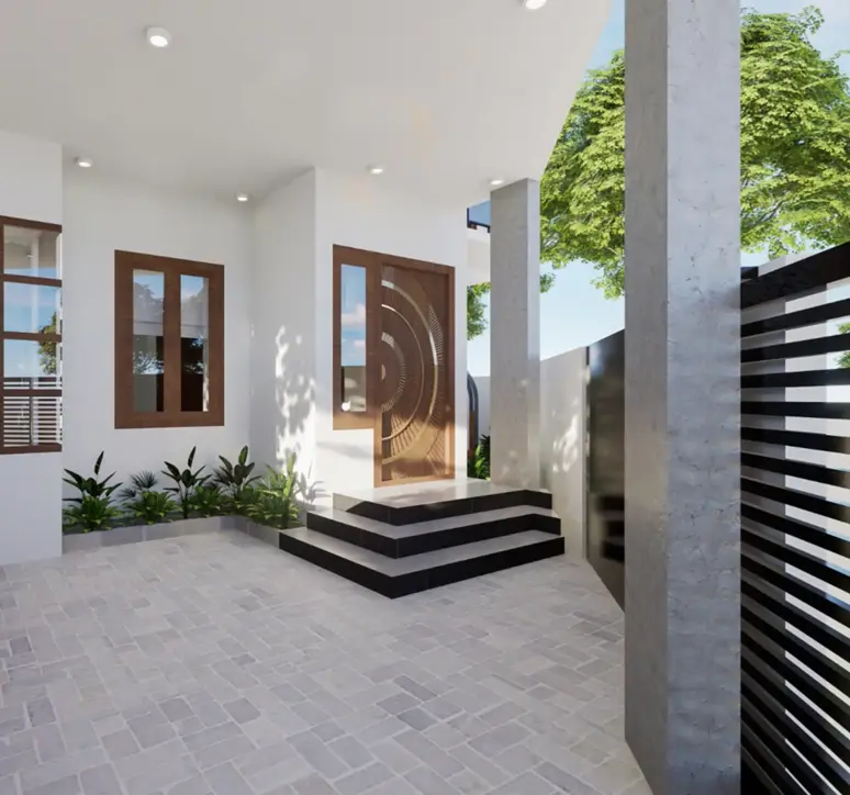 Irregular plot of modern residential villa Angled entrance and foyer area