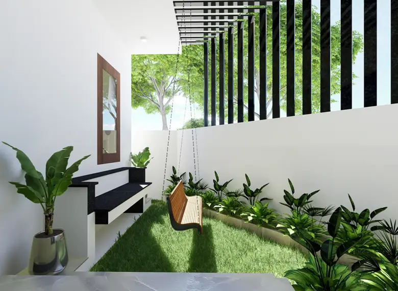 Irregular plot of modern residential villa swing and seating space area