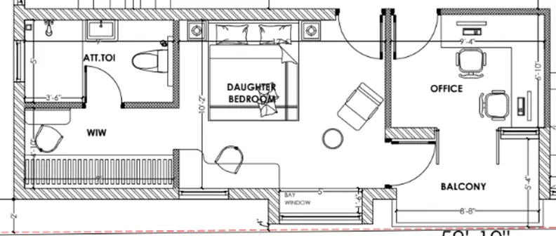 Irregular plot of residential villa bedroom was designed with unique needs, featuring dedicated walk-in closet, a balcony to enjoy the view, and an office space