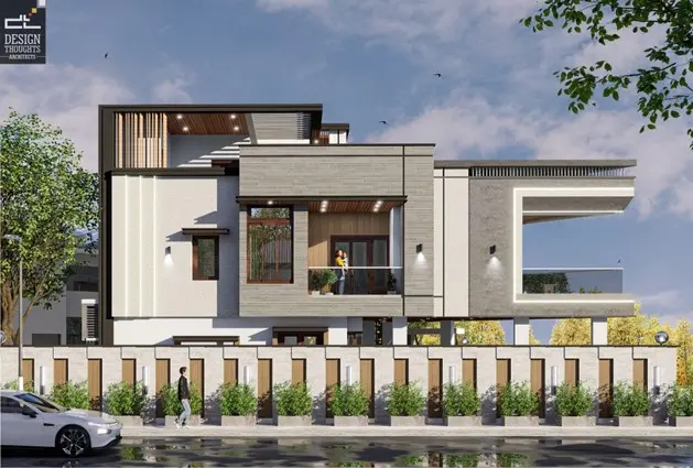 Irregular plot view modern residential villa side elevation