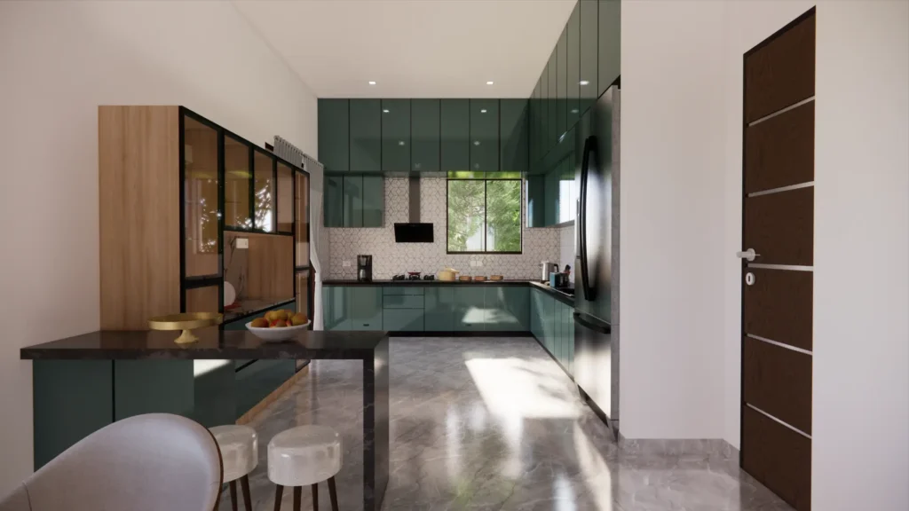 corner plot house design experimenting with colors in the modular kitchen