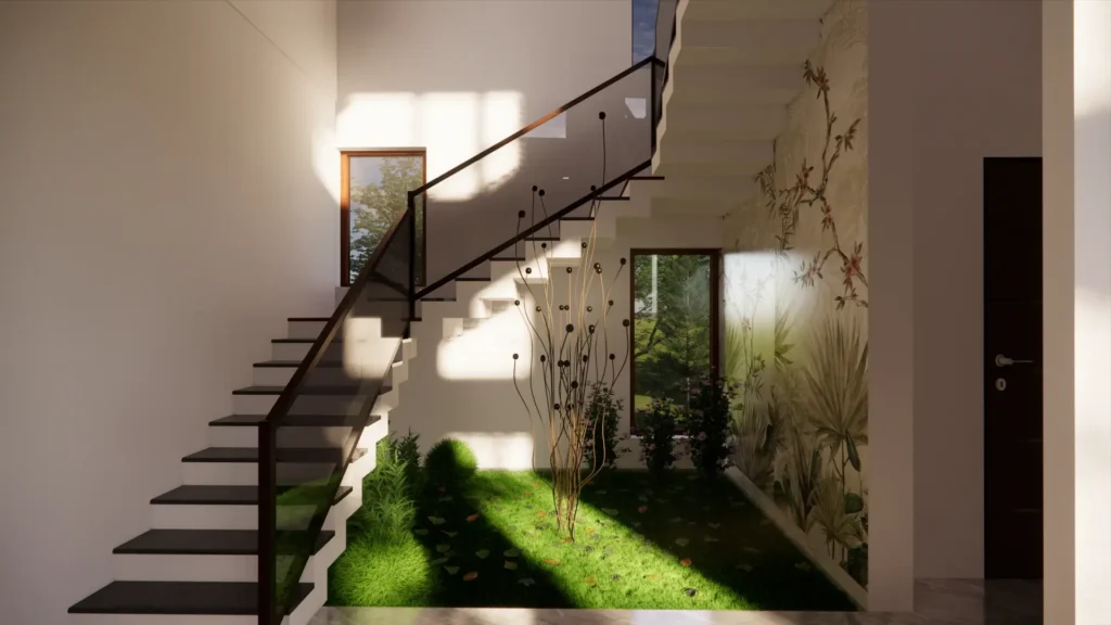 corner plot house design use of wallpaper along with green interior spaces