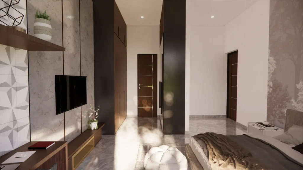 corner plot house design with subtle interior setting in the wardrobe area