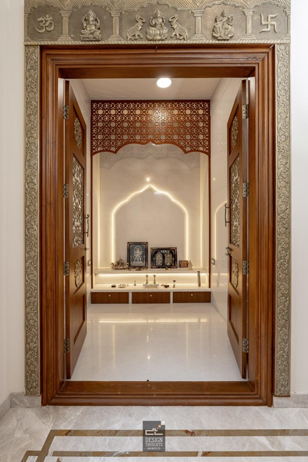 Neo-Classical Architecture Style Home Mashrabiya frame around the Pooja room step and traditional motif with backlit in marble