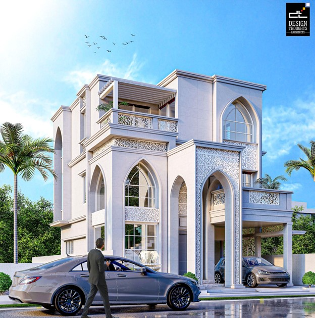 east-facing house plan The popular circular pointed arch with traditional Islamic patterns brings a majestic look to the house.