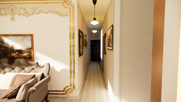 Boutique hotel Reception and passageway with classic detailing, carpet and moulding