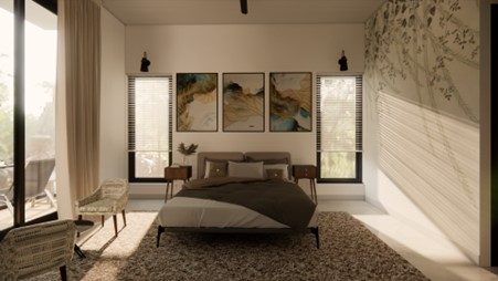 Neo-Classical Spatial representation of guest bedroom with large windows