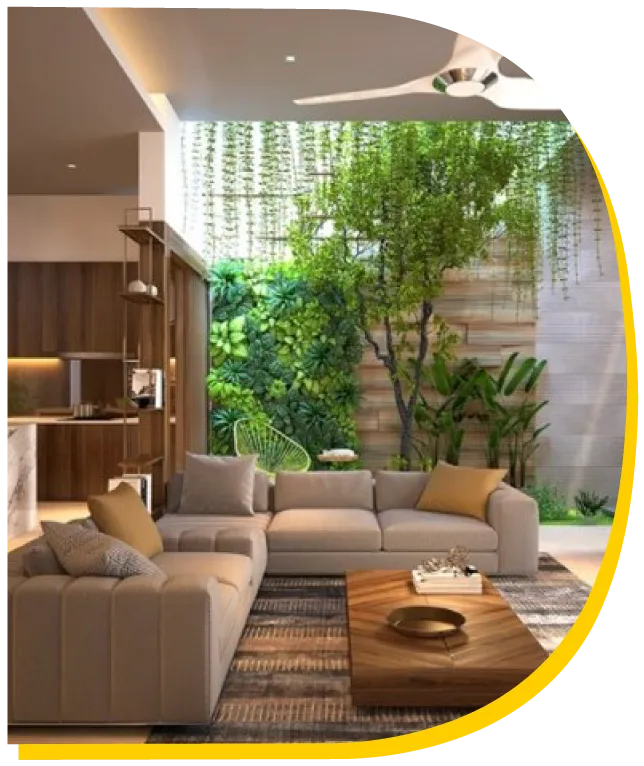 Living room interior with indoor courtyard designed by a leading interior designing firm in Bangalore, blending luxury, greenery, and functionality