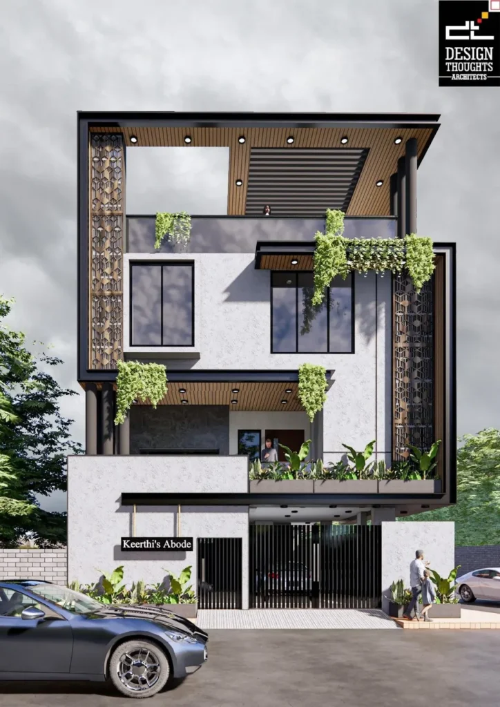 Corner plot house elevation with C-section bands and jaali work