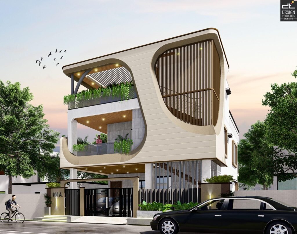 Curve concept elevation with grills for safety in G+1 residence