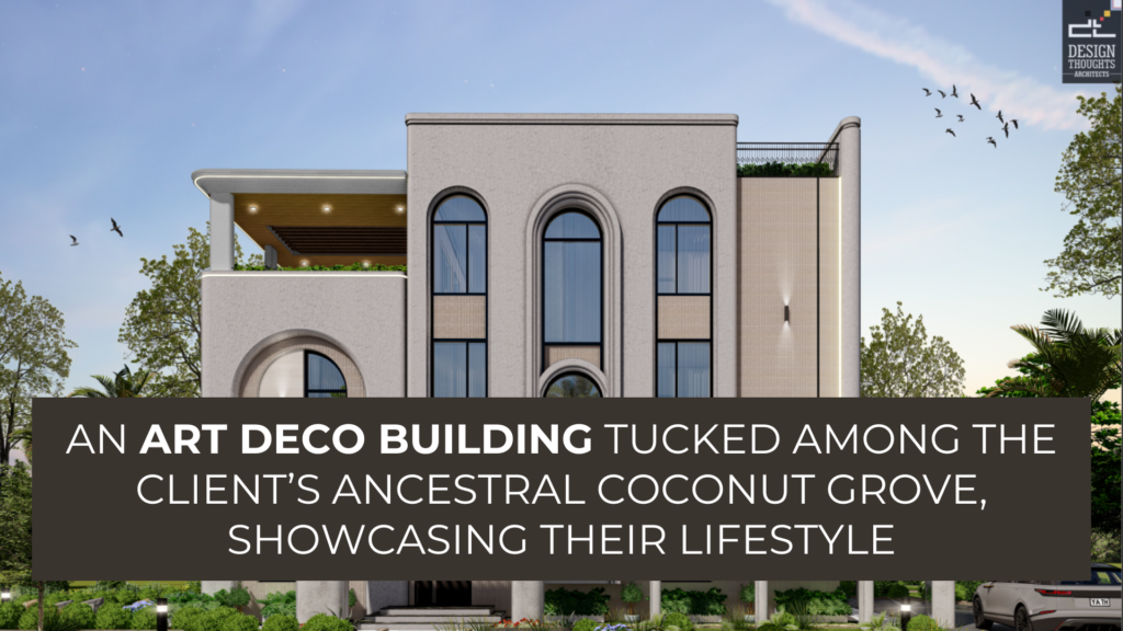 Final render of the Art Deco building designed villa surrounded by coconut grove