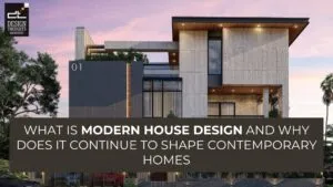 Modern house design featuring a contemporary front elevation with exposed concrete, wood cladding, large windows, and layered balconies.