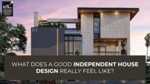 Independent House Design showcasing a modern corner plot elevation with clean lines, balconies, and contemporary materials in Bangalore.