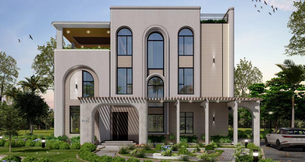 Independent home design featuring a unique adaptive layout with a contemporary facade and integrated natural surroundings.