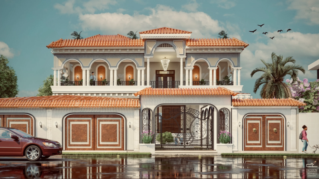 Independent home design showcasing a classical-style residence with symmetrical elevation, grand arches, and detailed facade.