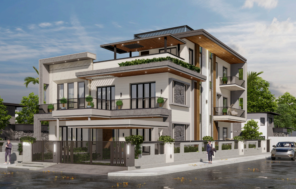 Independent home design built on a corner plot with luxurious contemporary styling and customised residential planning.