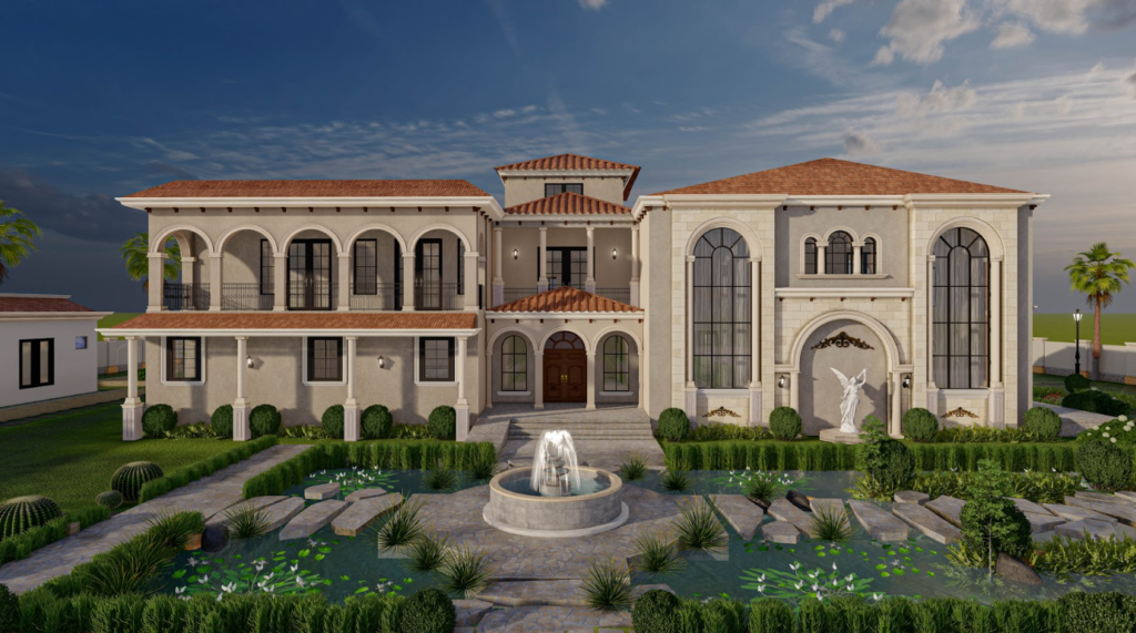 Independent home design featuring a customised Mediterranean-style luxury villa with landscaped courtyard and classical architectural detailing.
