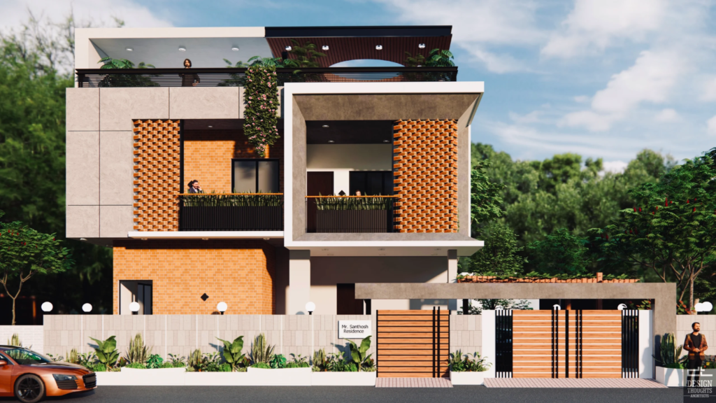 Independent home design with vernacular architecture, climate-responsive facade, natural materials, and sustainable planning.