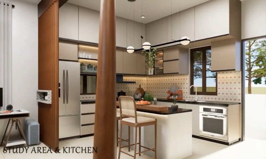 Home planning 3D walkthrough showcasing a modern kitchen and study area designed for functional and efficient living spaces.