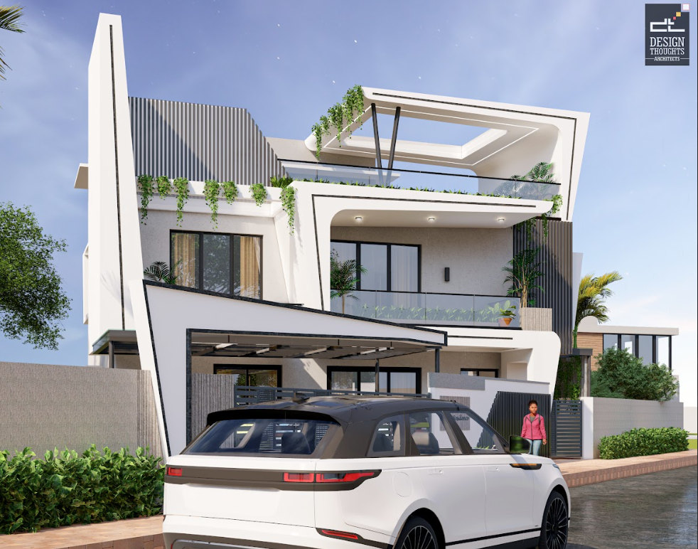 Home planning for a contemporary home elevation featuring modern architecture, open terraces, clean geometry, and functional spatial design.
