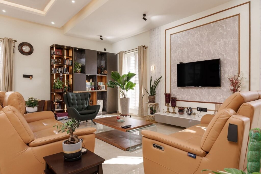 Home planning for a spacious living room with large windows, natural lighting, and comfortable modern interior design.