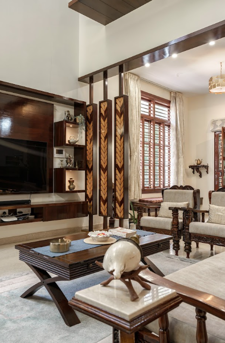 visualisation in architecture showing wooden partition design in a luxury living room