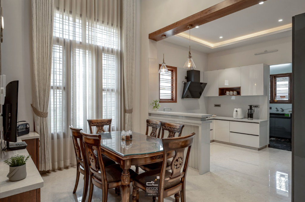 3D visualisation in architecture showing kitchen and dining textures, materials, and finishes