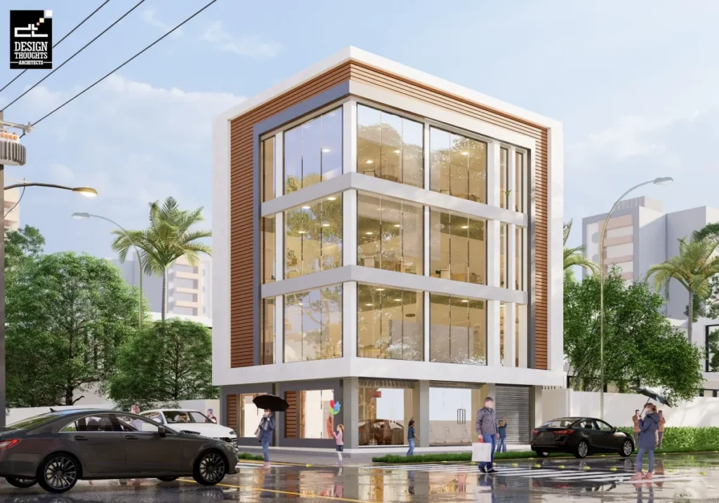 Commercial Building Design showing a G+3 modern commercial elevation with large glass panels and clean straight lines