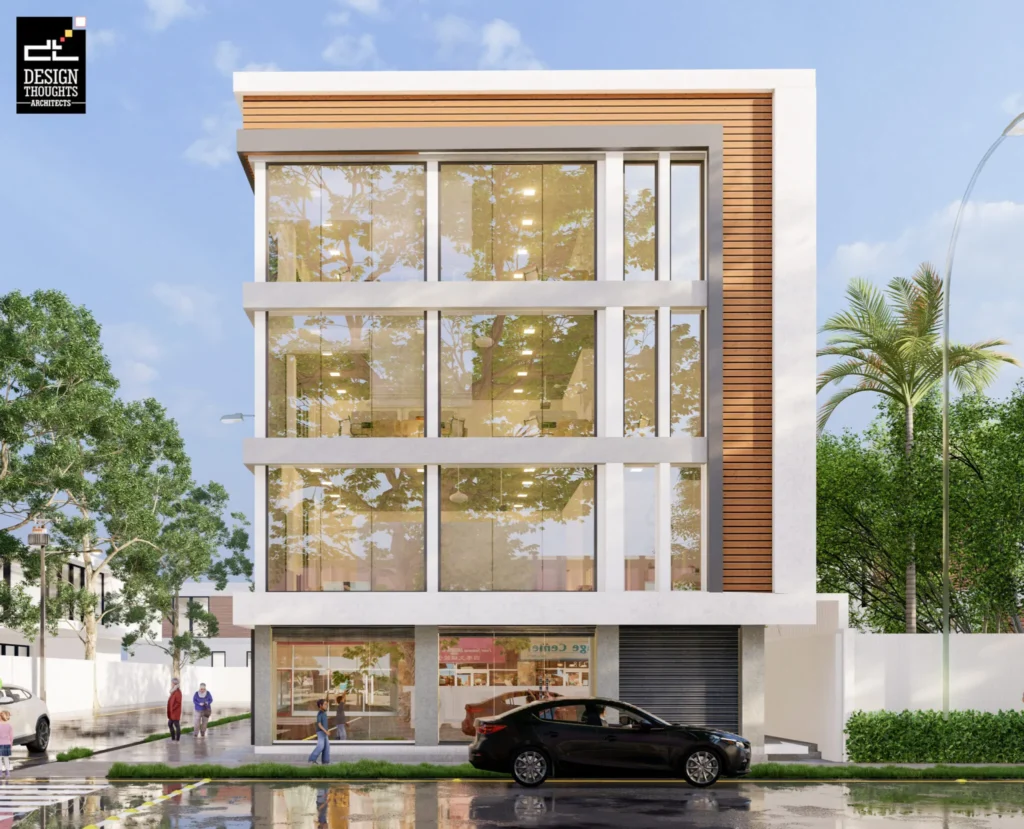 Commercial Building Design showing a glass exterior, wooden cladding, and concrete details for a modern Bangalore property