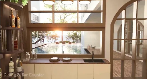 Home swimming pool ideas with a bar overlooking a residential pool for outdoor entertaining
