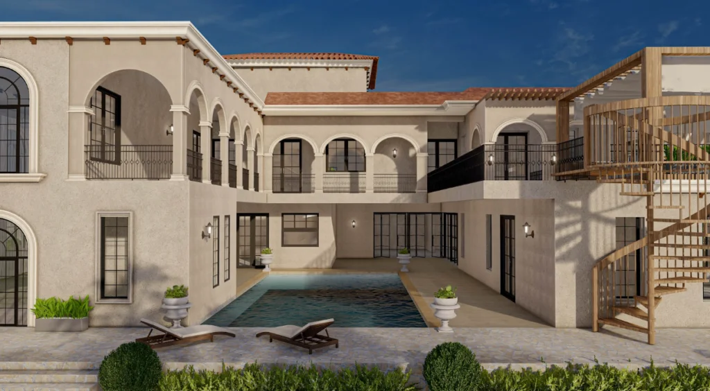 Home swimming pool ideas showing a luxury farmhouse pool with outdoor seating and landscaped surroundings