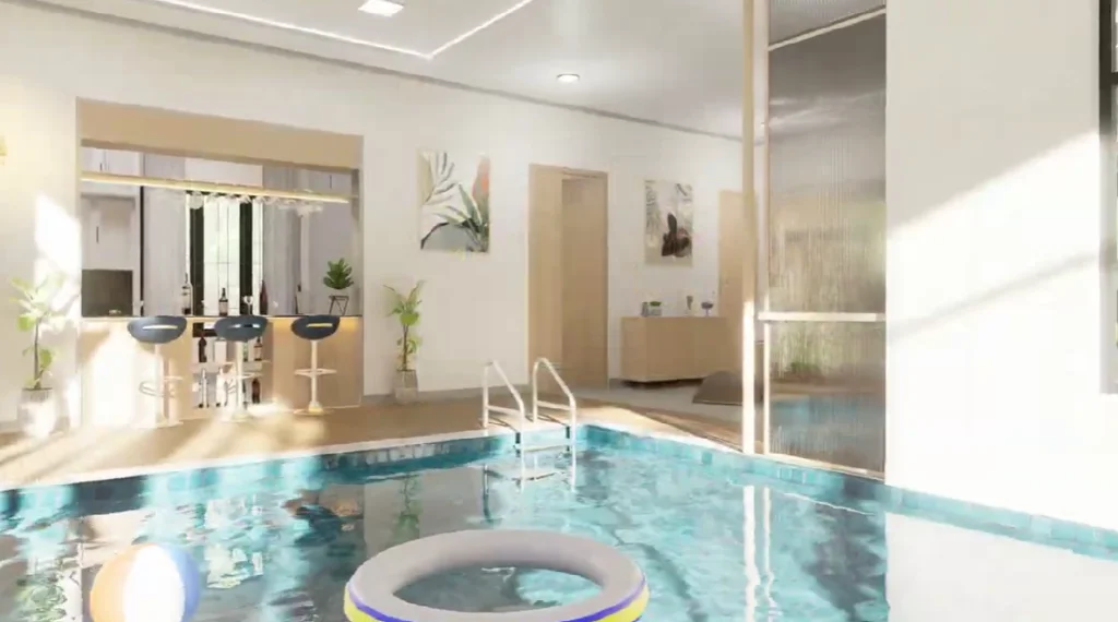 Home swimming pool ideas showing an indoor swimming pool in a farmhouse for year-round use