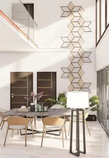 Spanish House Design showing a bright dining area with double-height wall details and modern interiors