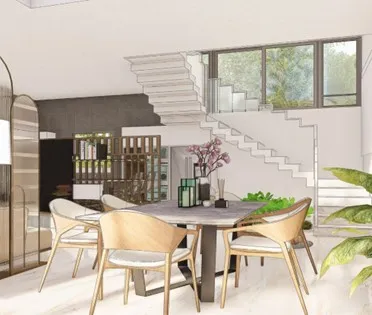Spanish House Design showing a dining area with staircase view, open layout, and natural light