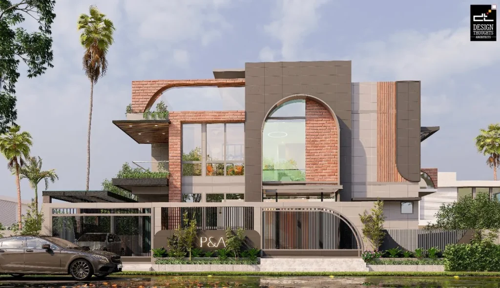 Spanish House Design showing front elevation of a Bangalore villa with brick arches, large glass windows, balconies, and landscaped frontage