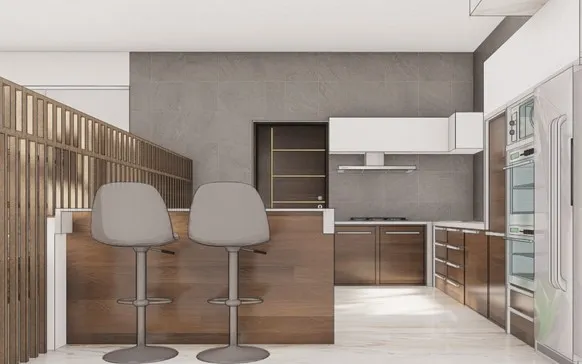 Spanish House Design showing a modern kitchen with breakfast counter, wooden finishes, and open layout