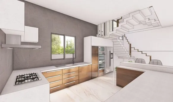 Spanish House Design showing an L-shaped kitchen interior with wooden cabinets, open layout, and staircase view