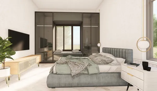 Spanish House Design showing a modern bedroom with bay window, glass wardrobe, natural light, and elegant interiors